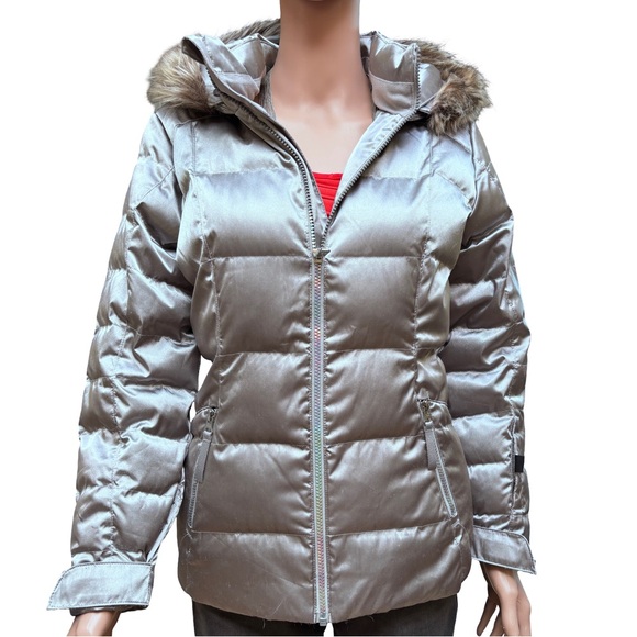 Spyder Silver Puffer Jacket Faux Fur Hooded Coat - Picture 1 of 12